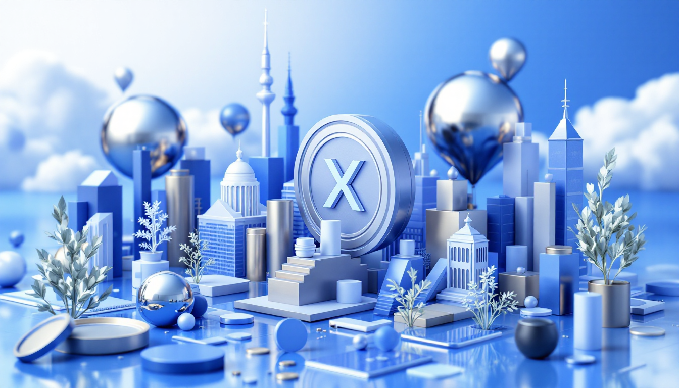 A 3D illustration depicting XRP's impact on global banking with a blue to white gradient background.
