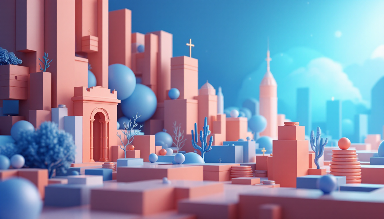 3D illustration of Bittensor TAO surge with urban skyline, calm colors, and deep perspective layers.