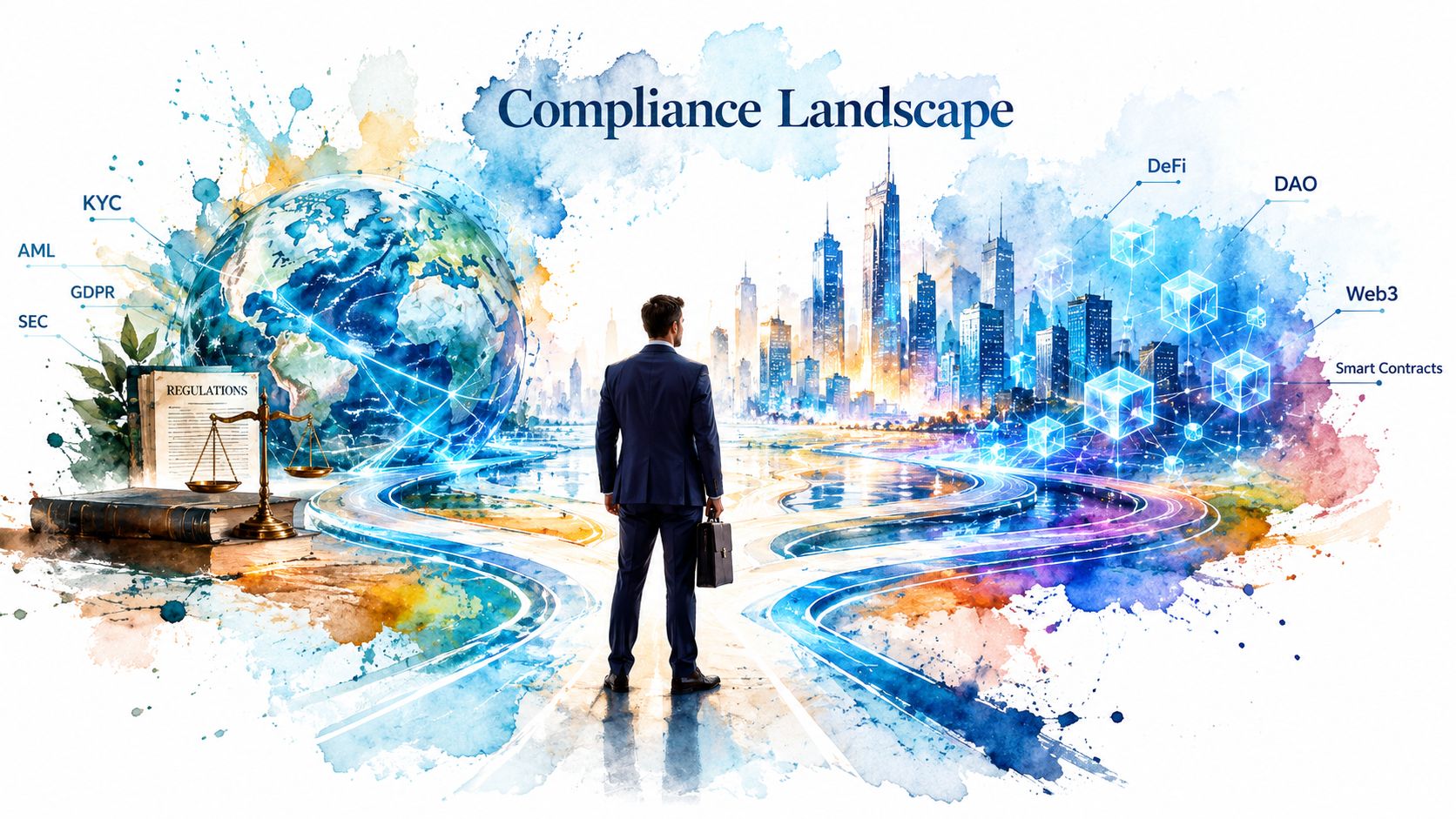 A businessman stands at a crossroads between traditional legal regulations and futuristic digital technology concepts.