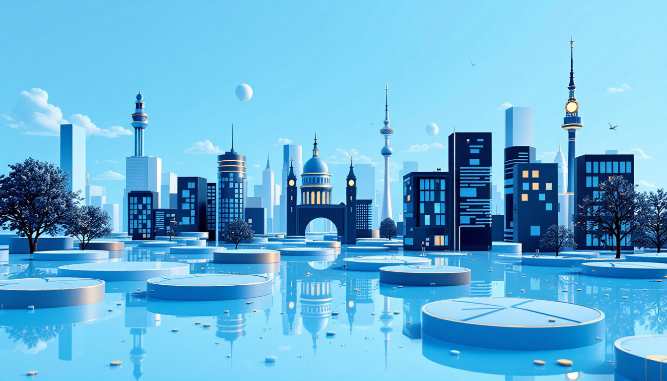 A 3D illustration of rising XRP trading interest with a blue to white gradient urban backdrop.