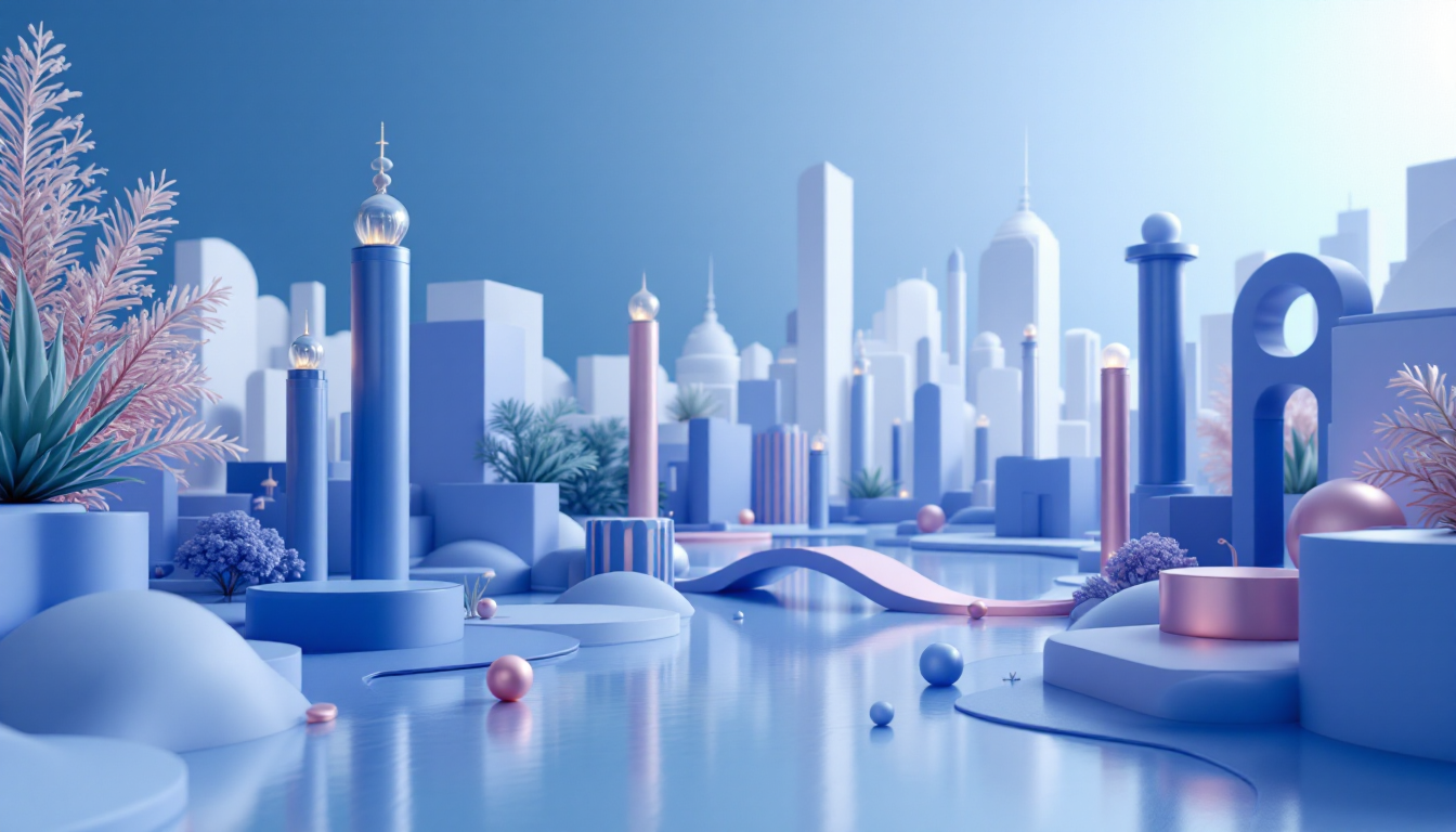 3D illustration of XRP price analysis with symbolic elements in a blue-white gradient urban setting.