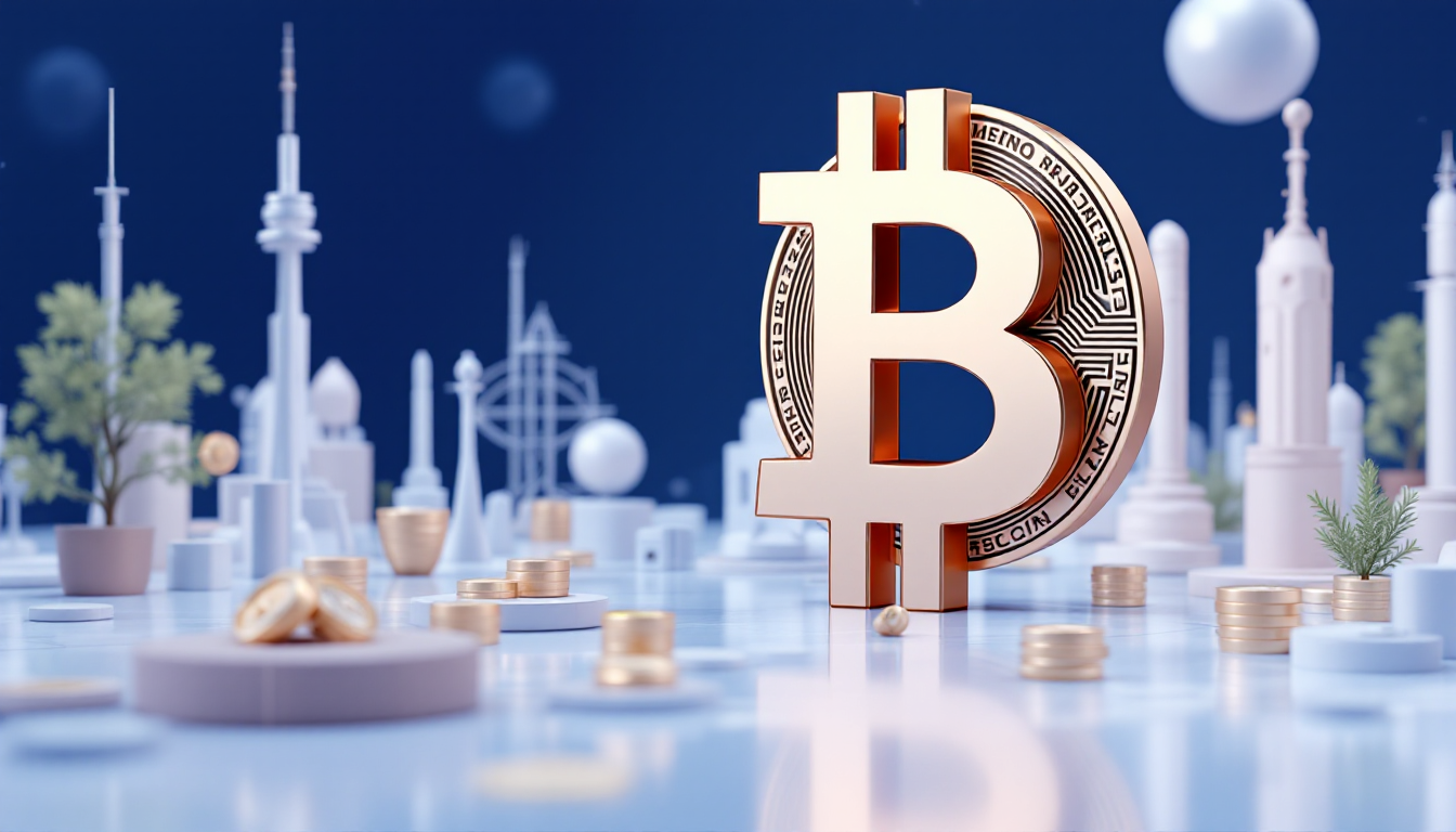 A 3D illustration depicting Bitcoin navigating $80K resistance with a calm urban background.