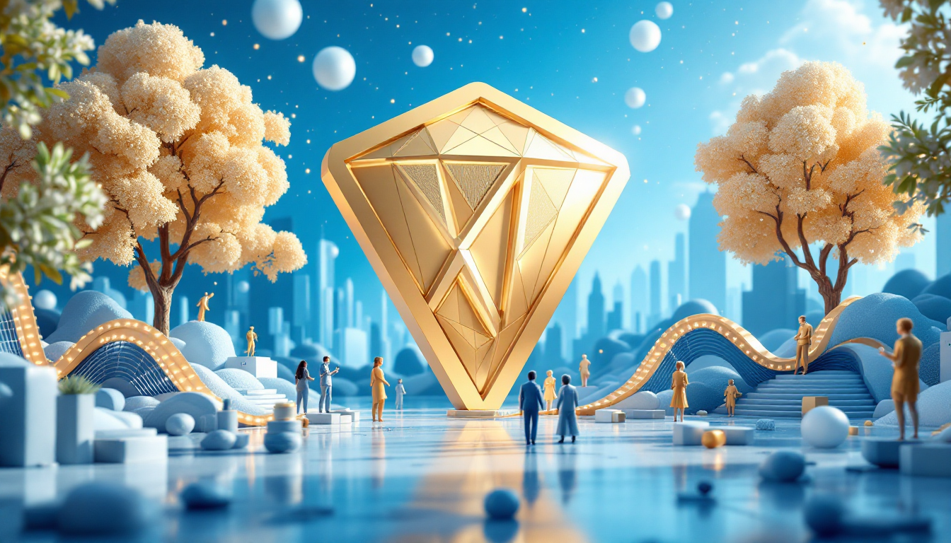 A 3D illustration of JD's XRP analysis in a calm urban setting with blue-white gradient background.