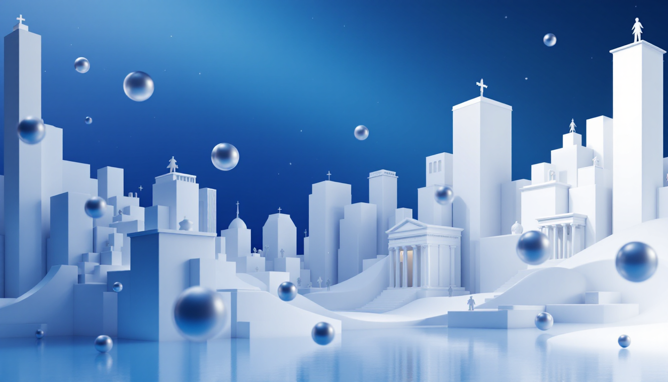 A 3D illustration of Brazilian banks embracing crypto, set against a blue-to-white gradient skyline.