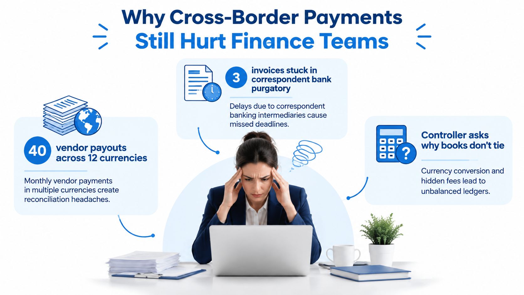 A stressed finance professional working at a laptop while struggling with complex cross-border payment reconciliation challenges.