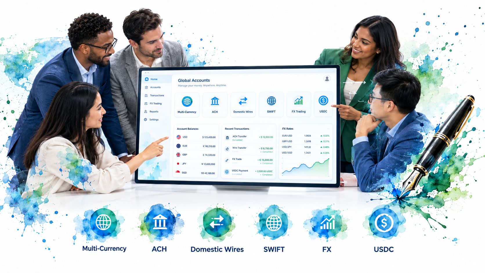 A professional team collaborating on a digital dashboard displaying global account financial data and payment services.