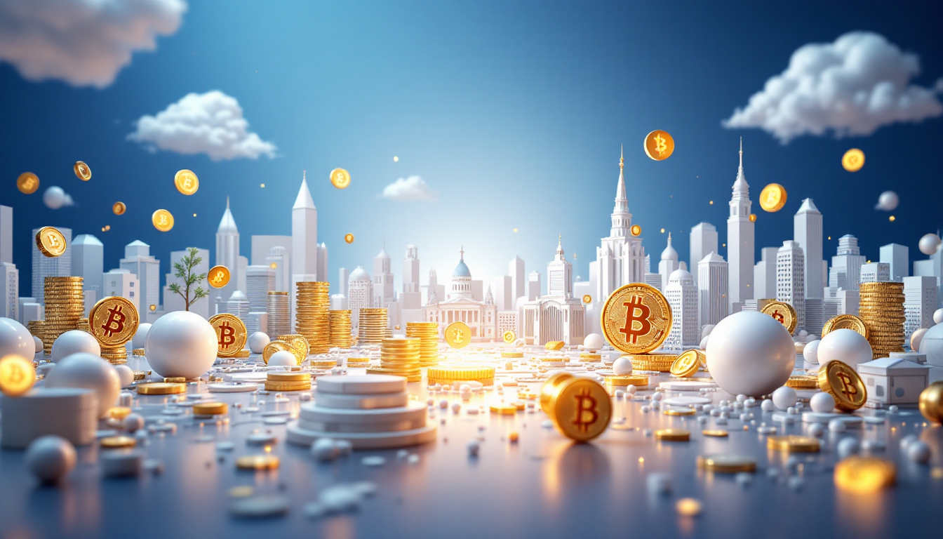3D illustration of Bitcoin dynamics, featuring symbolic elements in a futuristic urban setting.