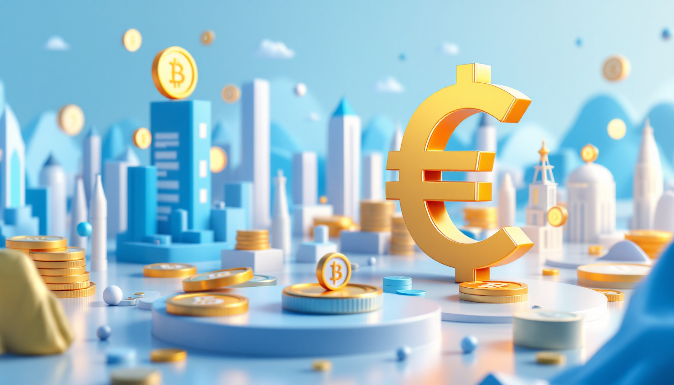 A 3D illustration depicting euro stablecoins transforming digital finance in a calm urban landscape.