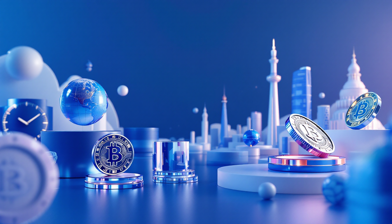 A 3D illustration depicting a futuristic urban skyline with blue and white gradient background.