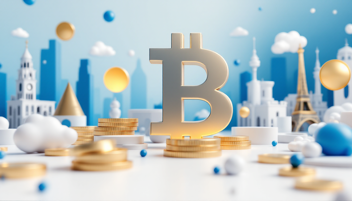 A 3D illustration depicting cryptocurrency ETF dynamics with blue and white gradient background.