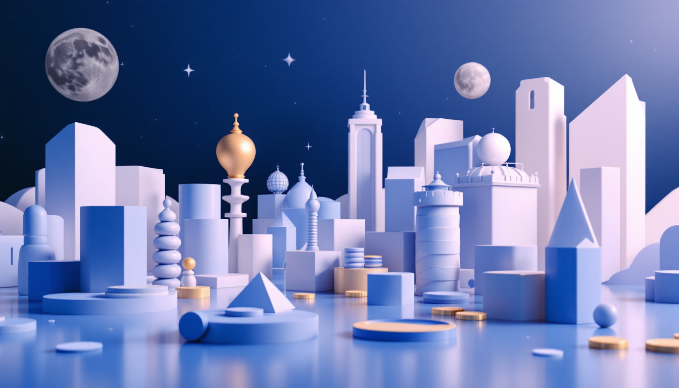 A 3D illustration of PENGU, CASHCAT, and MemeToro in a futuristic city with blue and white gradient.