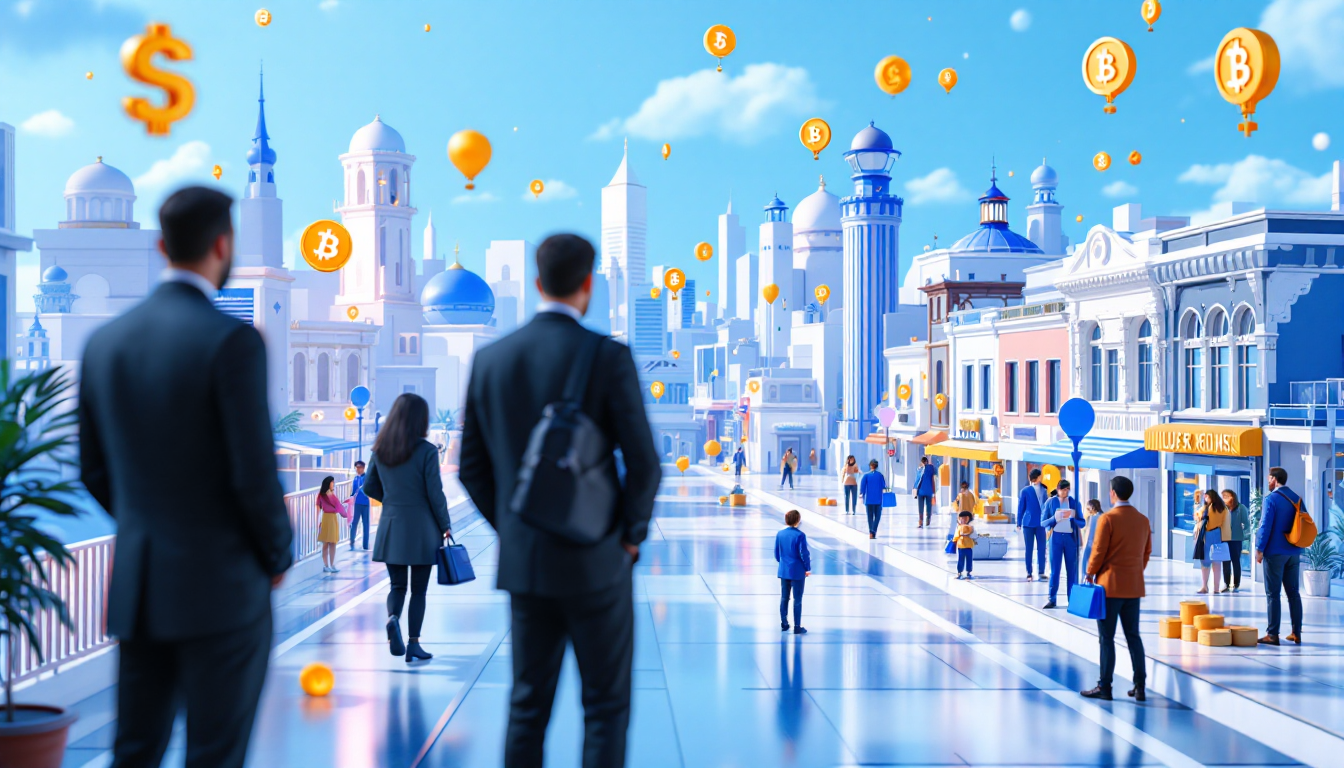 A 3D illustration depicting a political battle over crypto regulations with a skyline backdrop.