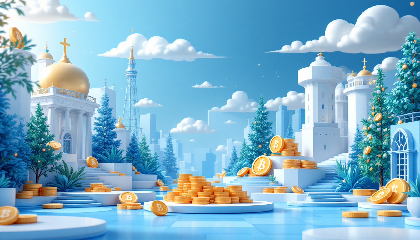 A 3D illustration showing Bitcoin ETF withdrawals, with blue and white gradient and urban skyline.