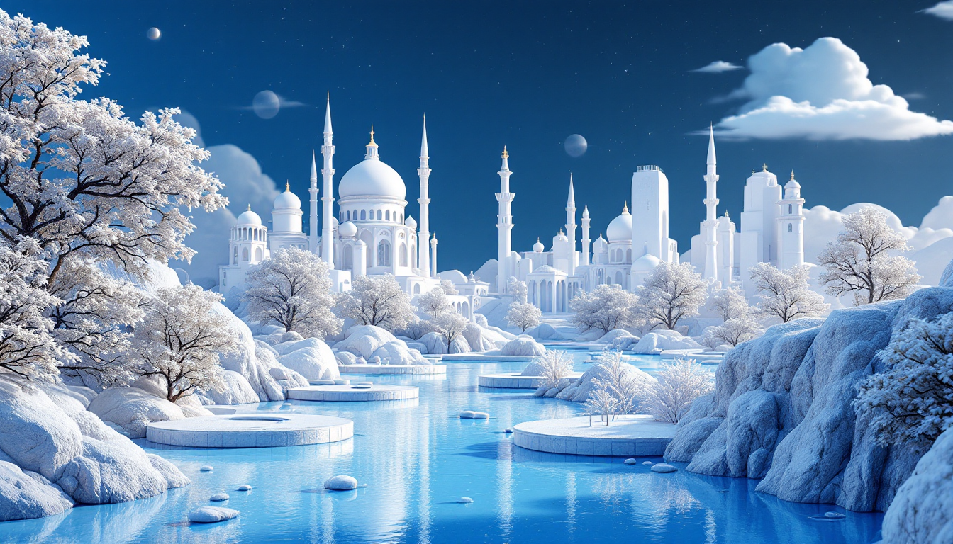 3D illustration of bullish XRP price projections with a blue to white gradient and elegant skyline.