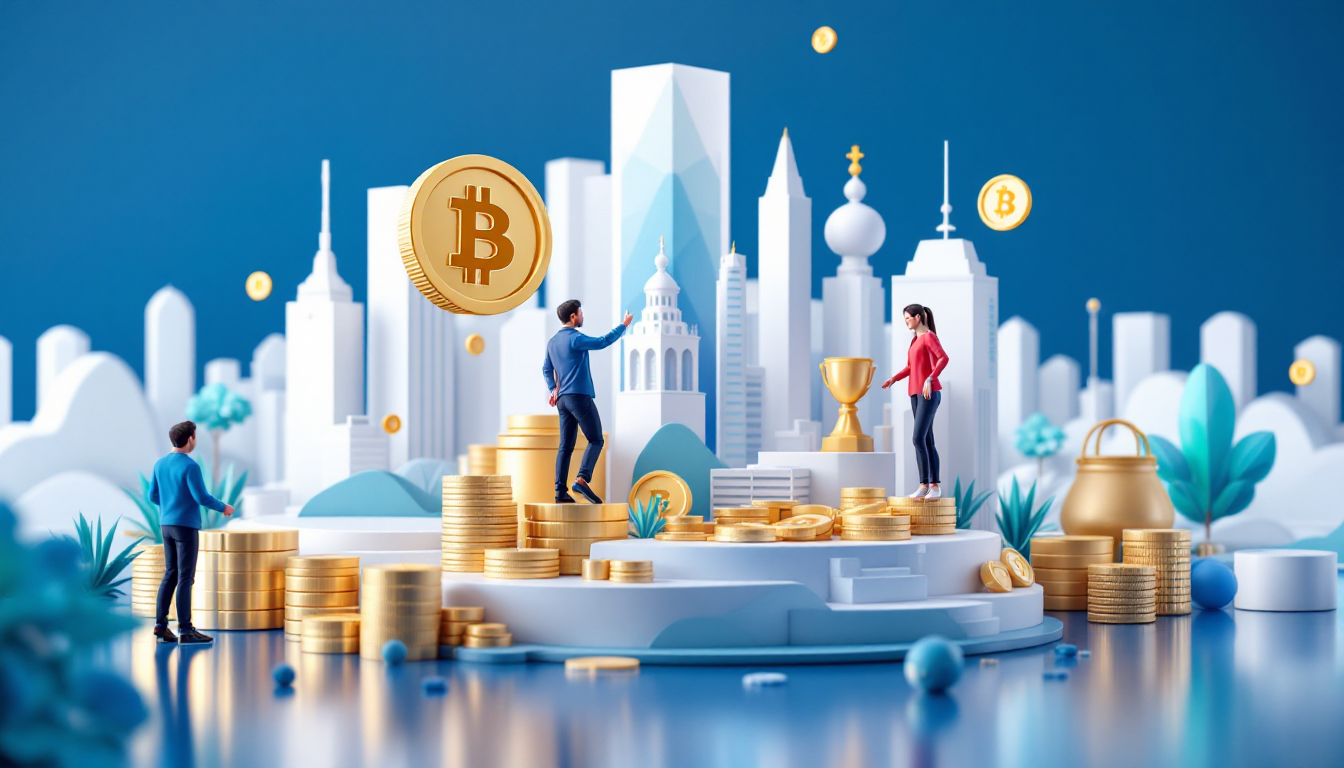 A 3D illustration showing Robinhood's crypto trading surge with symbolic objects in a urban setting.