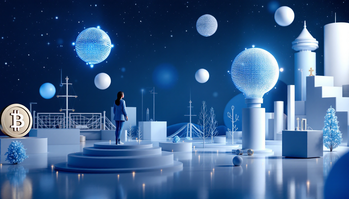 A 3D illustration depicting L-BTC trading on SideSwap, featuring a blue-to-white gradient backdrop.