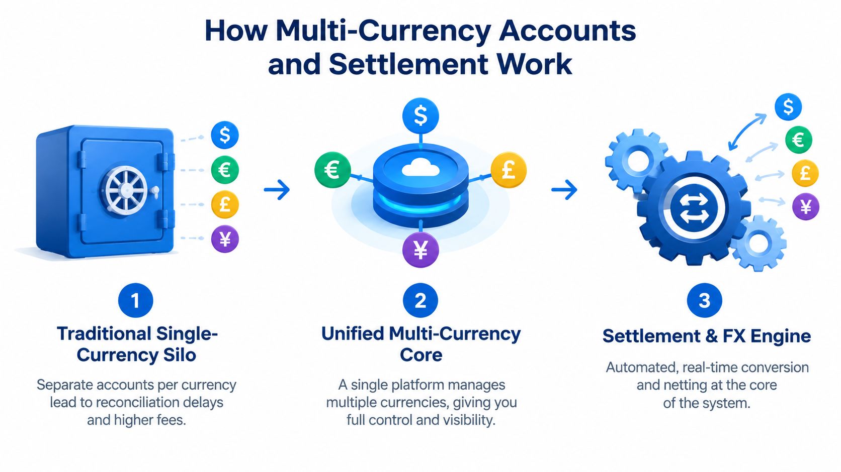 A diagram illustrating the three steps of how multi-currency accounts and settlement systems improve financial workflows.