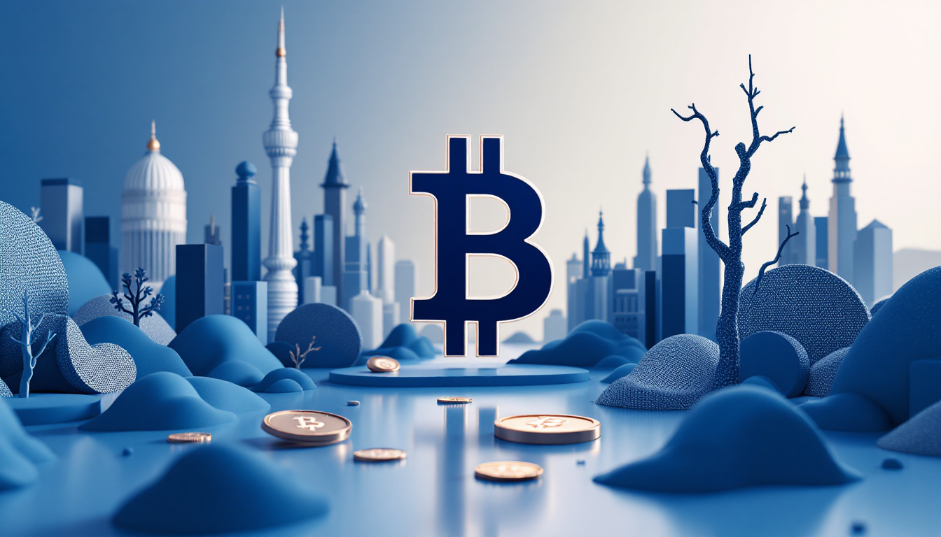 A 3D illustration depicting Bitcoin and inflation rates amidst a minimalistic blue-to-white skyline.