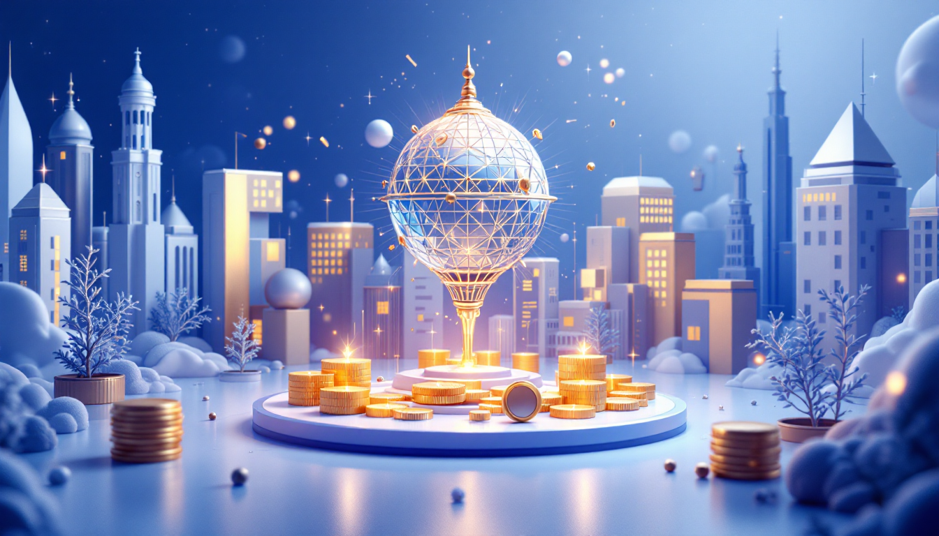 3D illustration of Cardano ADA market dynamics with a blue to white gradient background and skyline.