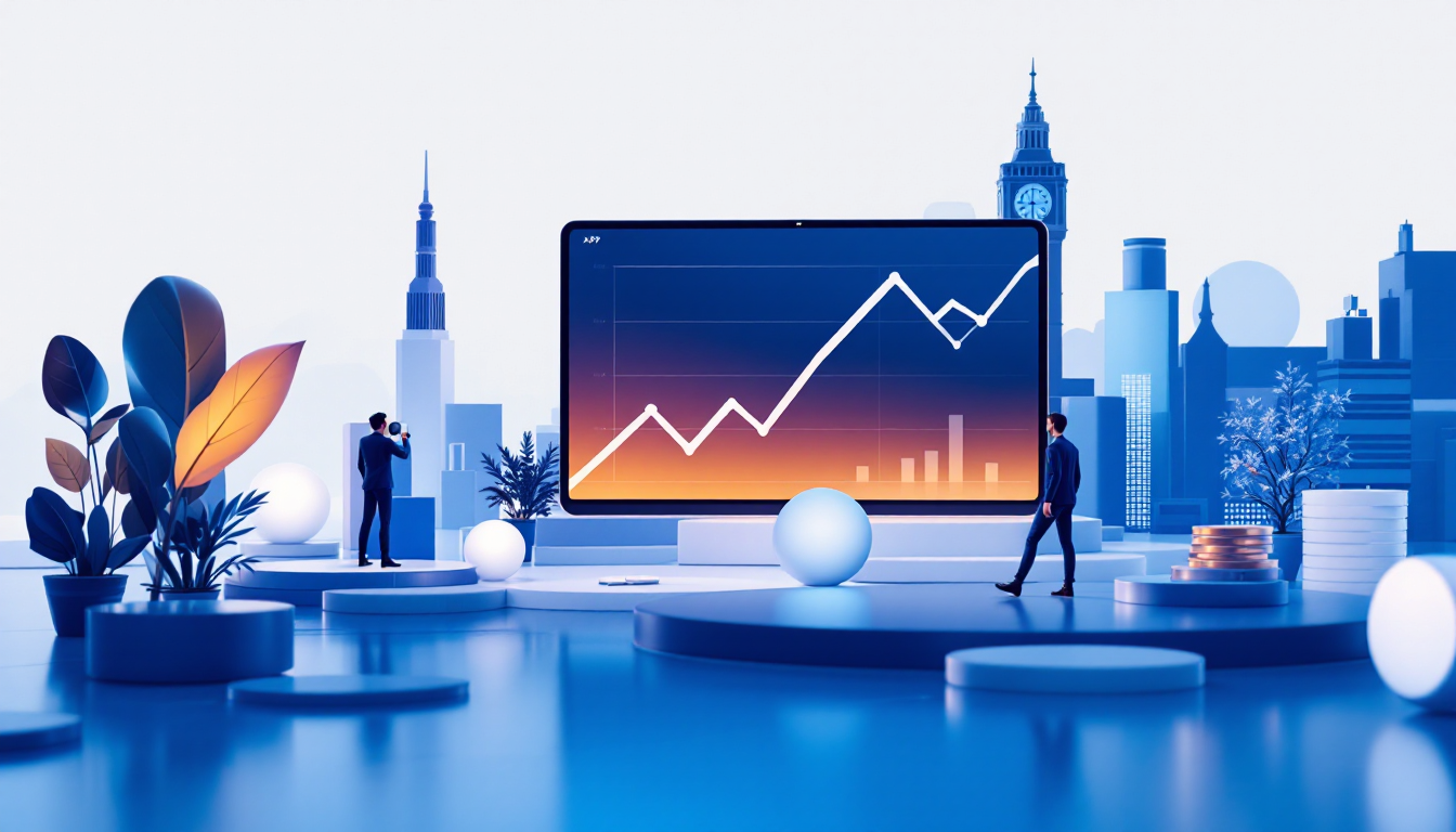 3D illustration of XRP price analysis in a futuristic city with blue and white gradient backdrop.