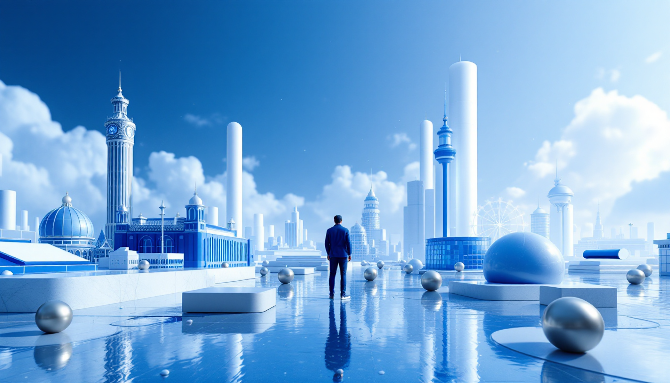 A 3D illustration of Bitcoin's transformation, showcasing calm urban scenery with symbolic elements.