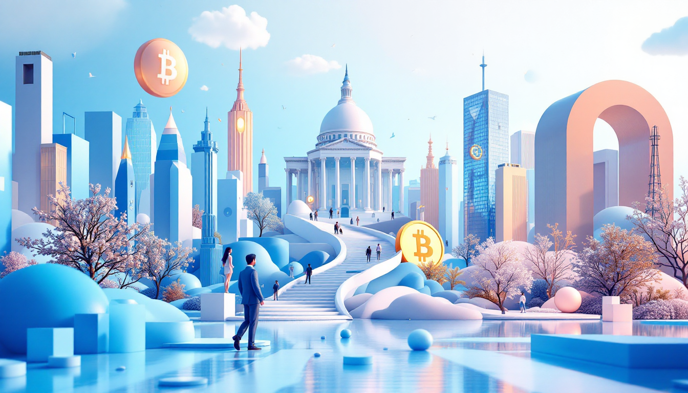3D illustration of CLARITY Act Senate vote on cryptocurrency with blue-white gradient and skyline.