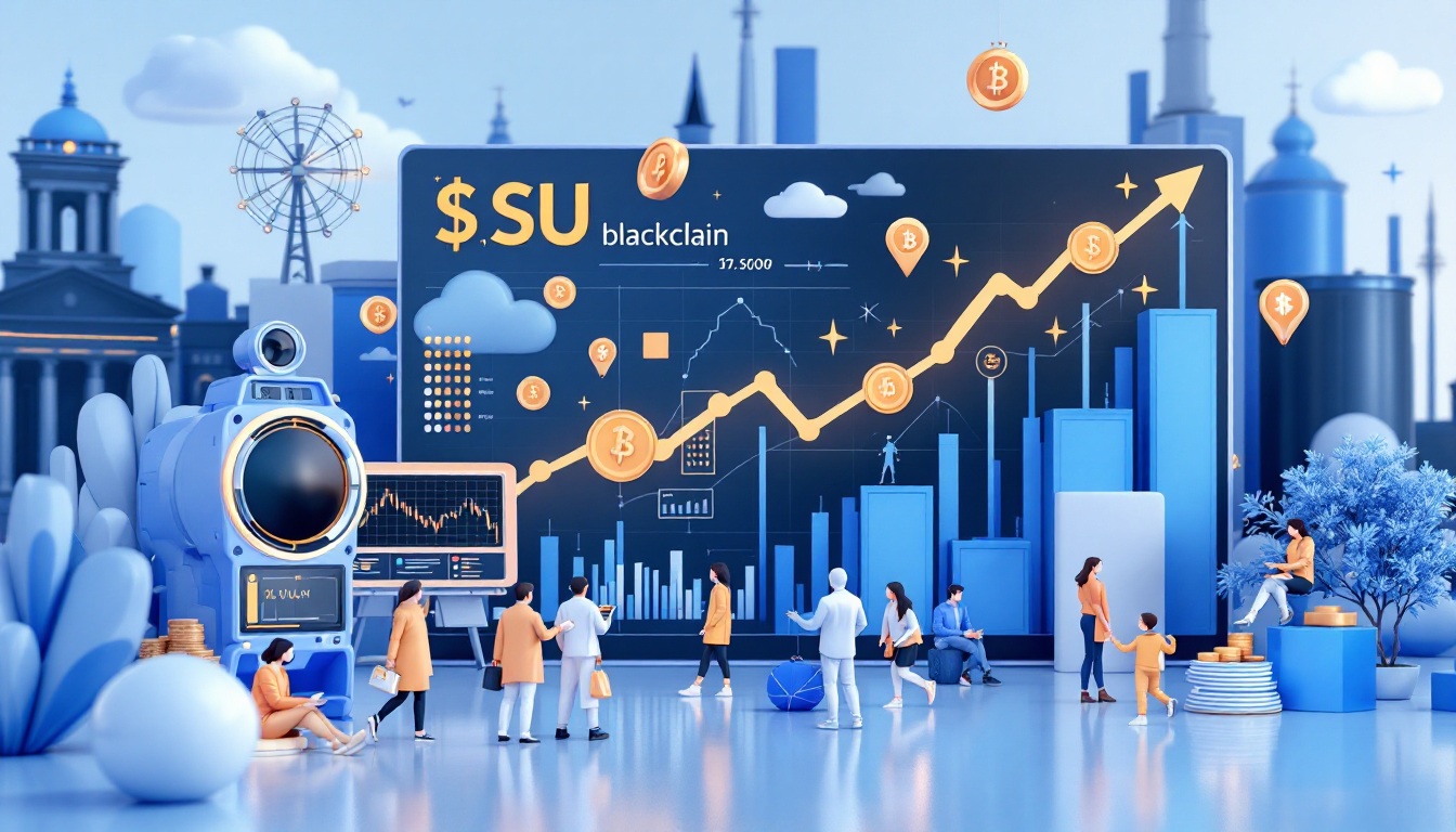 3D illustration of the Sui blockchain, showcasing price growth trends in a futuristic urban setting.