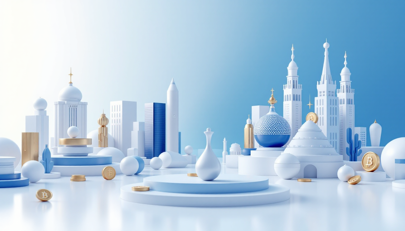 A calm, 3D illustration showing a futuristic skyline with Bitcoin and Ether symbols in focus.