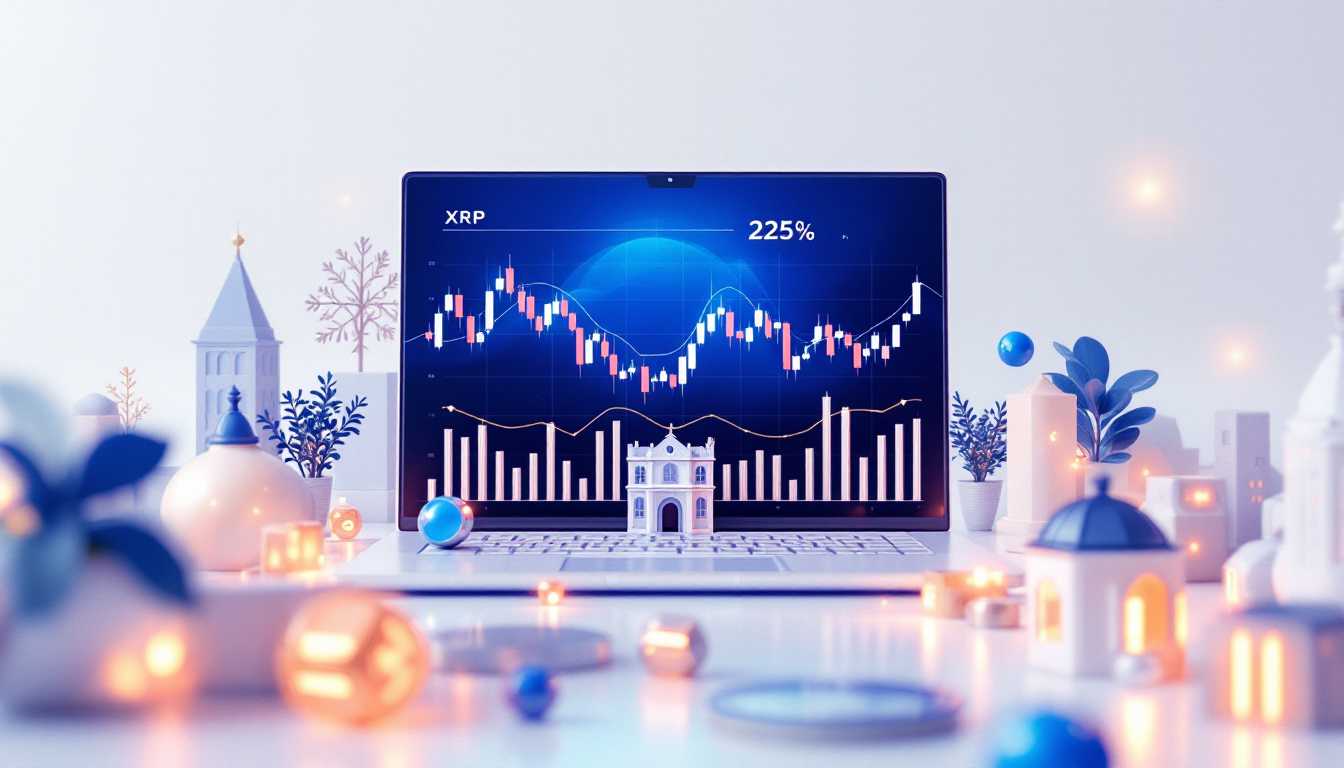 A 3D illustration showcasing XRP price analysis with blue and white tones, urban skyline, and depth.