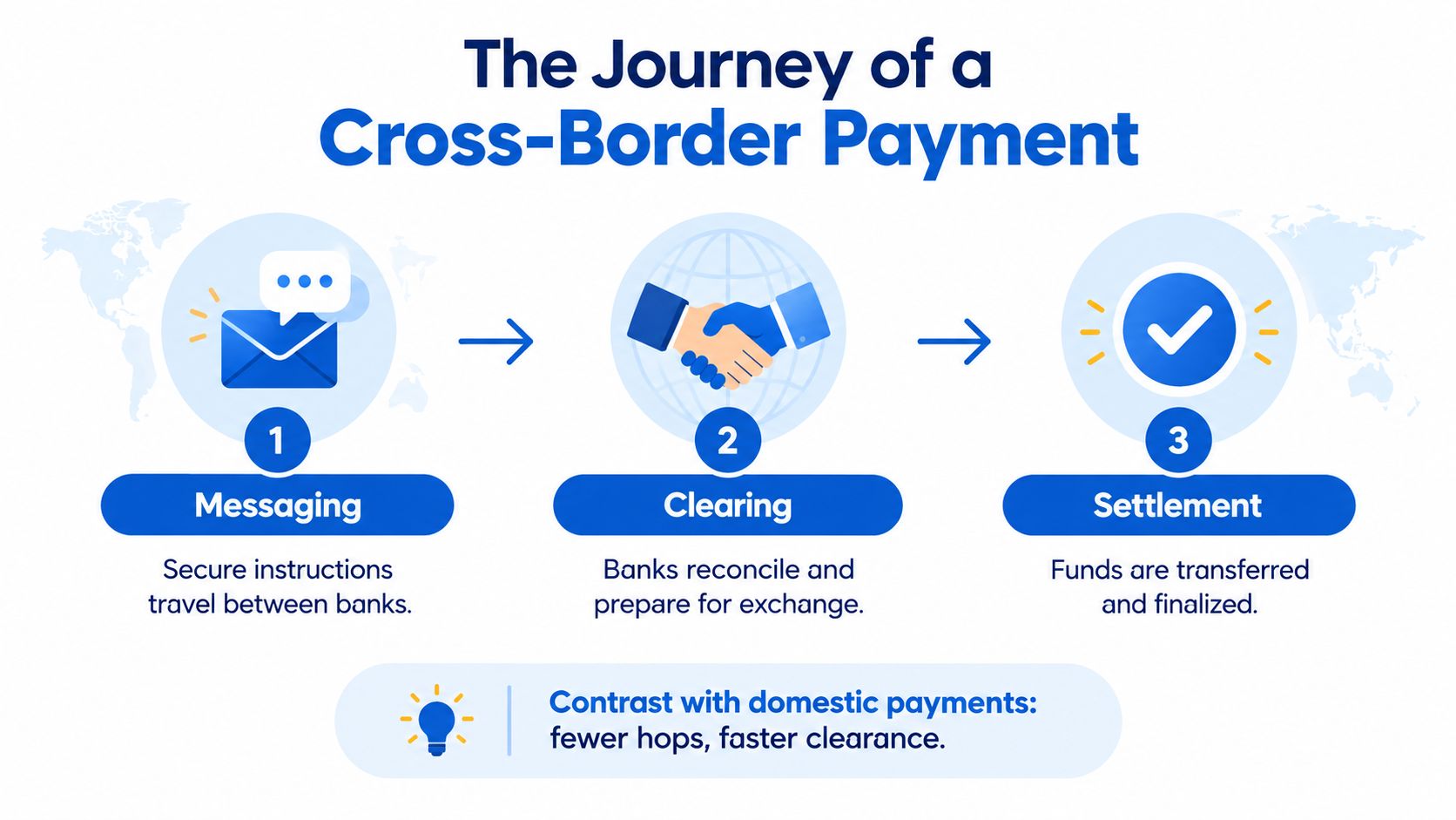 A diagram illustrating the three steps of an international payment process: messaging, clearing, and final settlement.
