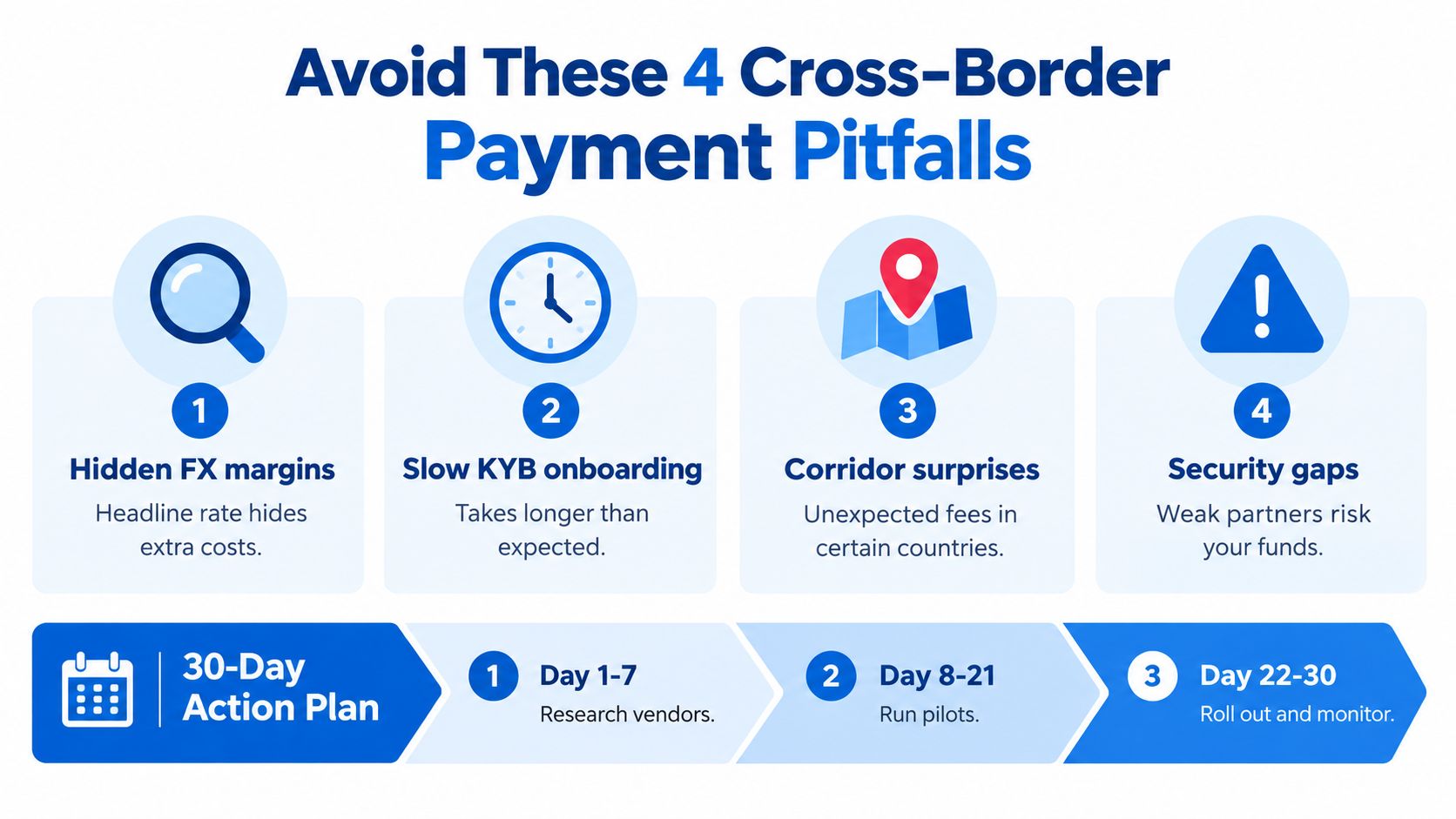 An infographic detailing four common cross-border payment pitfalls and a 30-day action plan for businesses.