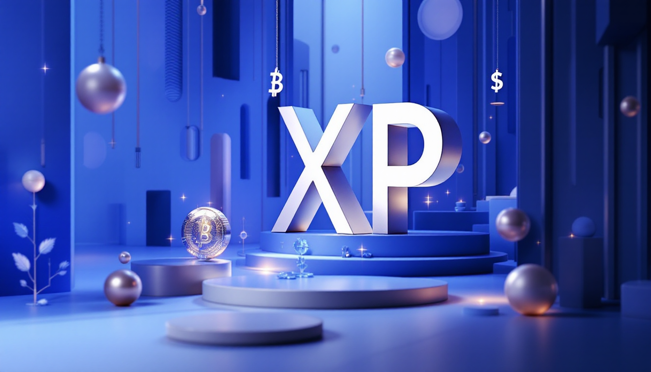 A detailed 3D illustration featuring XRP’s benefits over Bitcoin, set in a calming urban landscape.