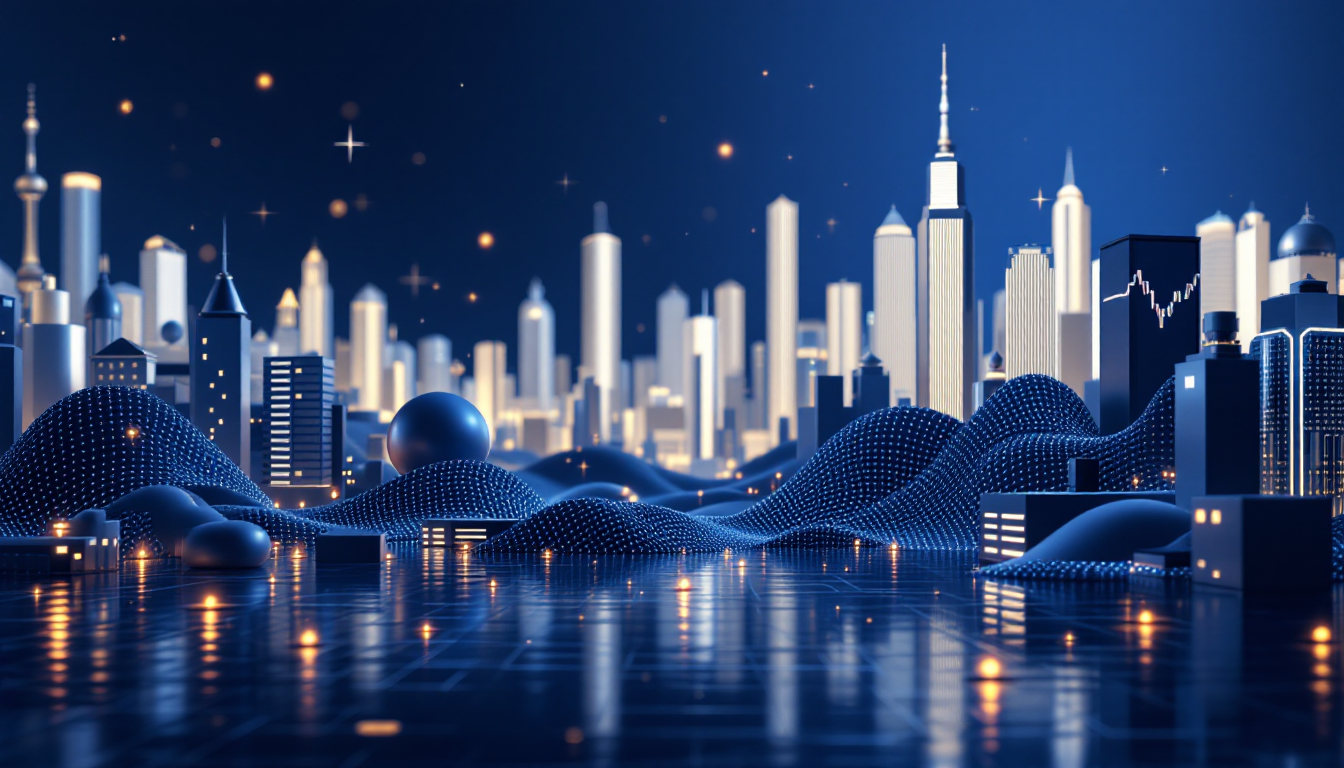 3D illustration of XRP trading trends, featuring key support levels and elegant European skyline.