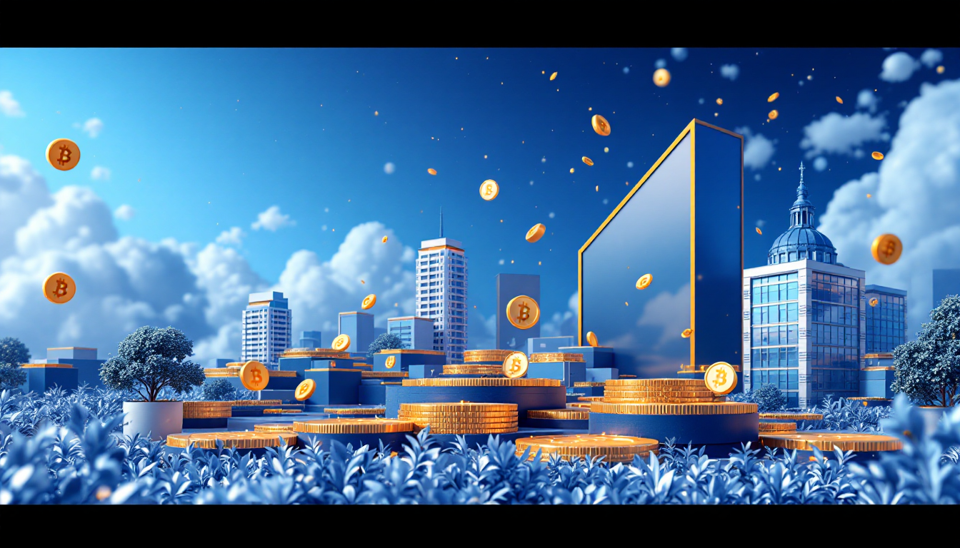 A 3D illustration depicting Bitcoin's uncertainty, featuring a blue to white gradient skyline.