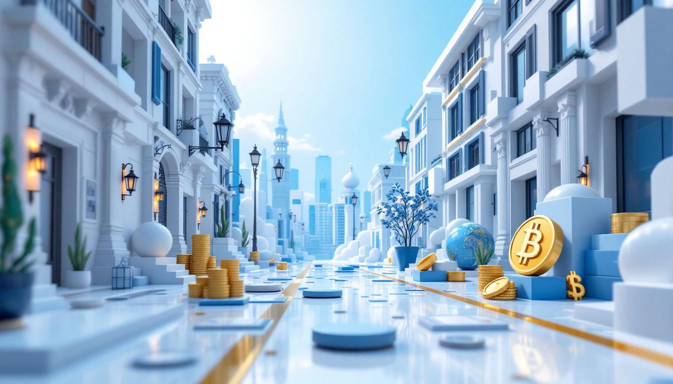 3D illustration of Kraken's xStocks concept in a calm blue-to-white gradient urban setting.