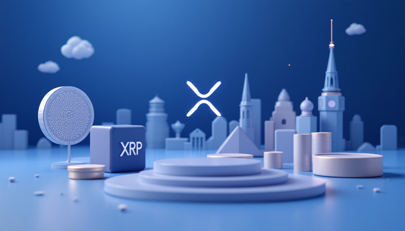 A 3D illustration depicting a bullish XRP crypto market with a blue and white gradient background.