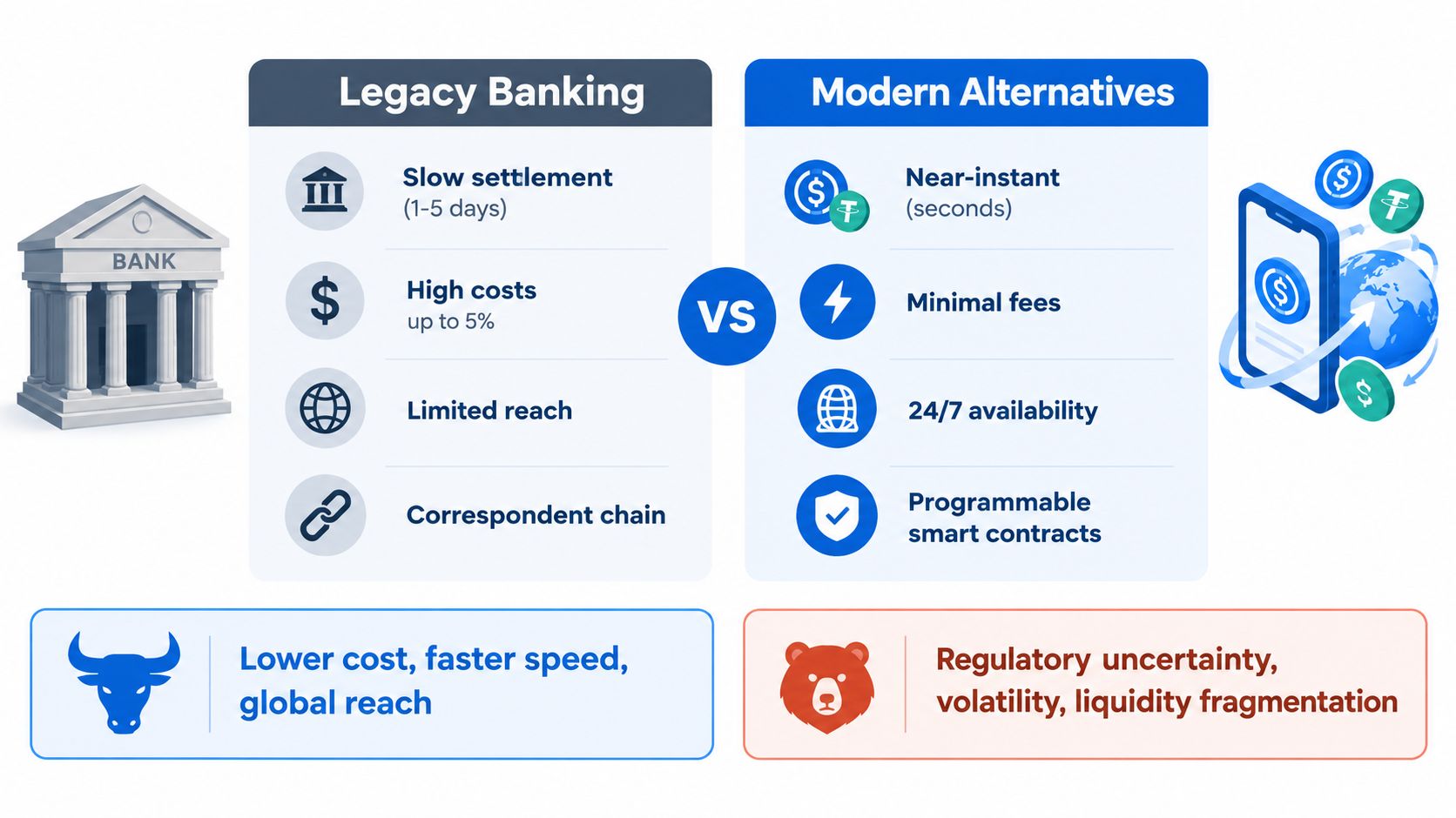 A comparison infographic between traditional legacy banking and modern digital alternatives for global financial transactions and payments.