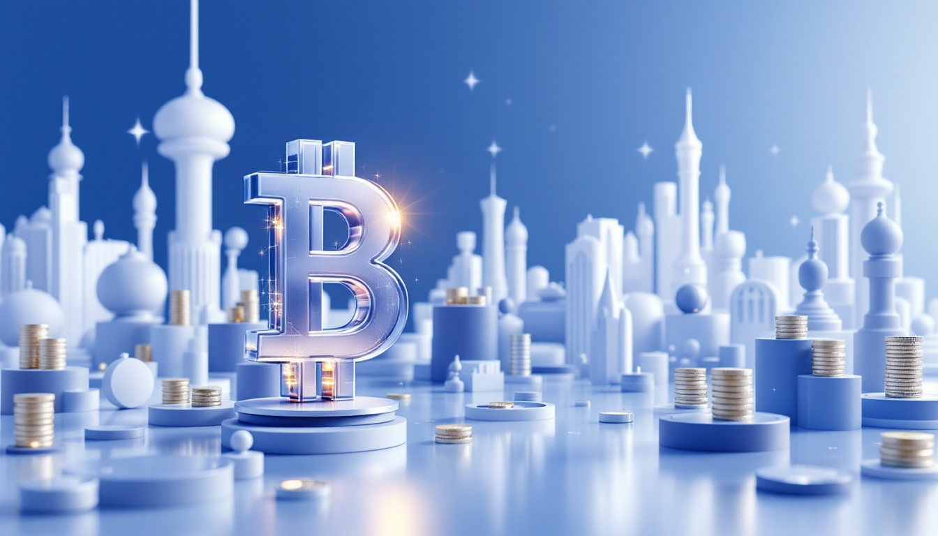 A 3D illustration displaying Bitcoin and Ethereum ETFs, featuring a calm, futuristic city skyline.