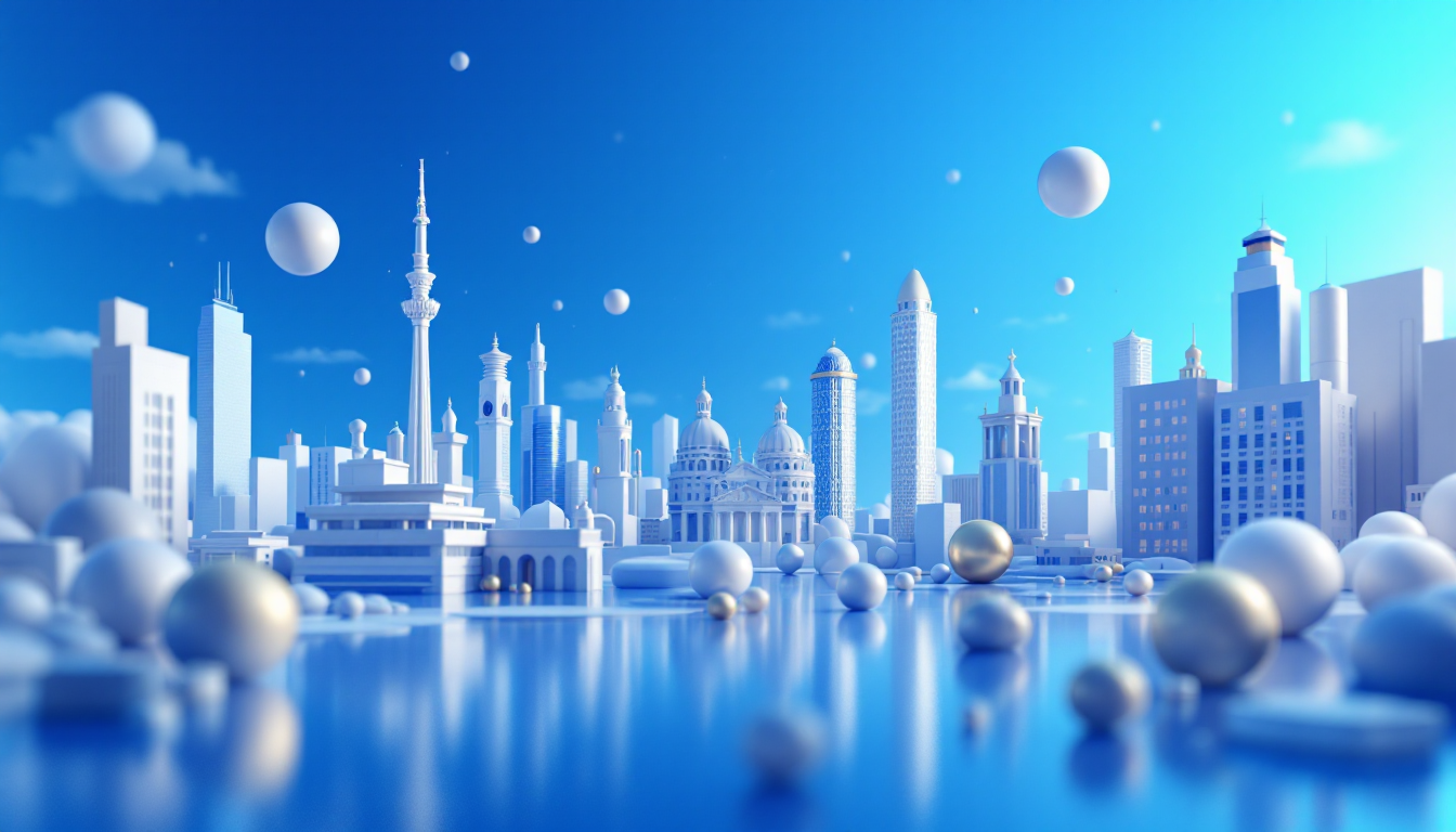 3D illustration of a skyline with symbols of cryptocurrency regulation, in blue and white tones.