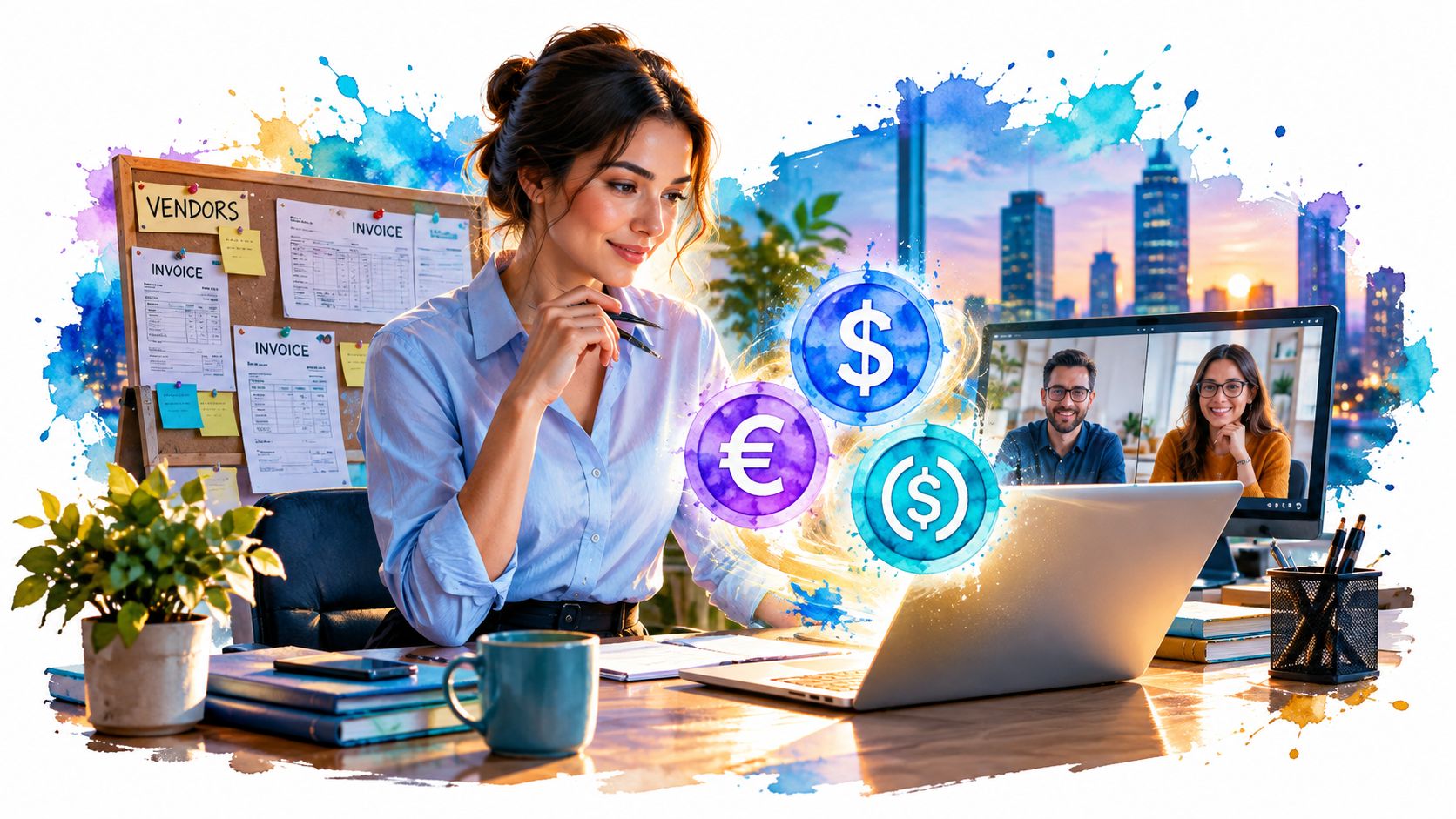A professional woman working on a laptop with holographic currency icons while attending a video conference.