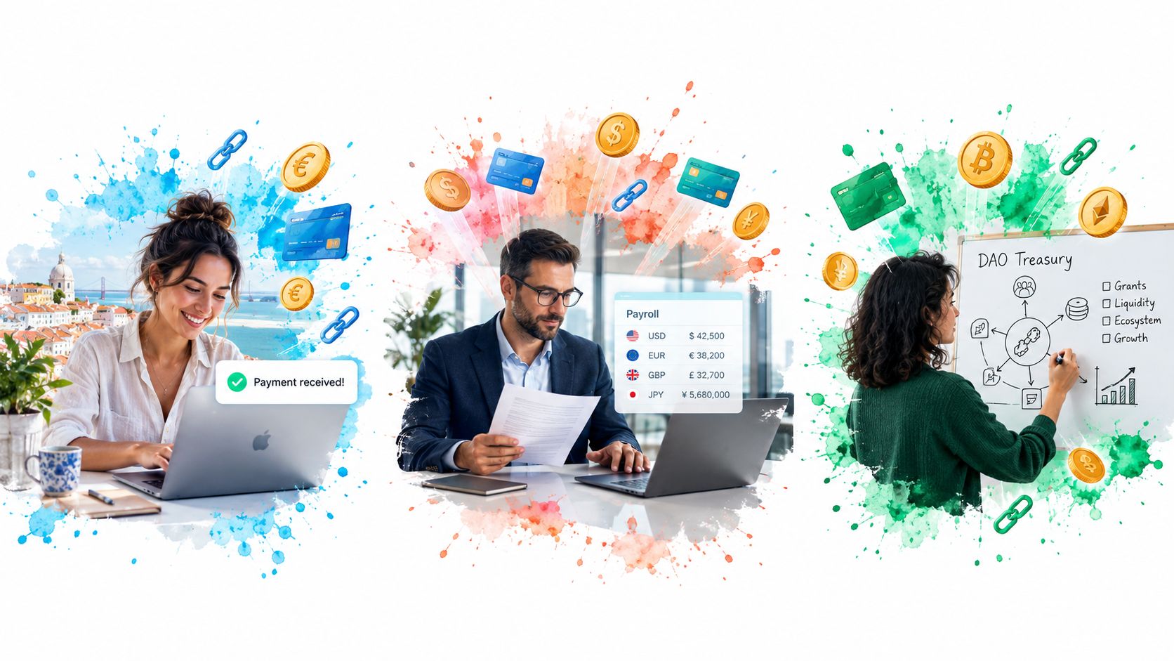 People working with financial digital banking, global payroll, and decentralized finance treasury management on a whiteboard.