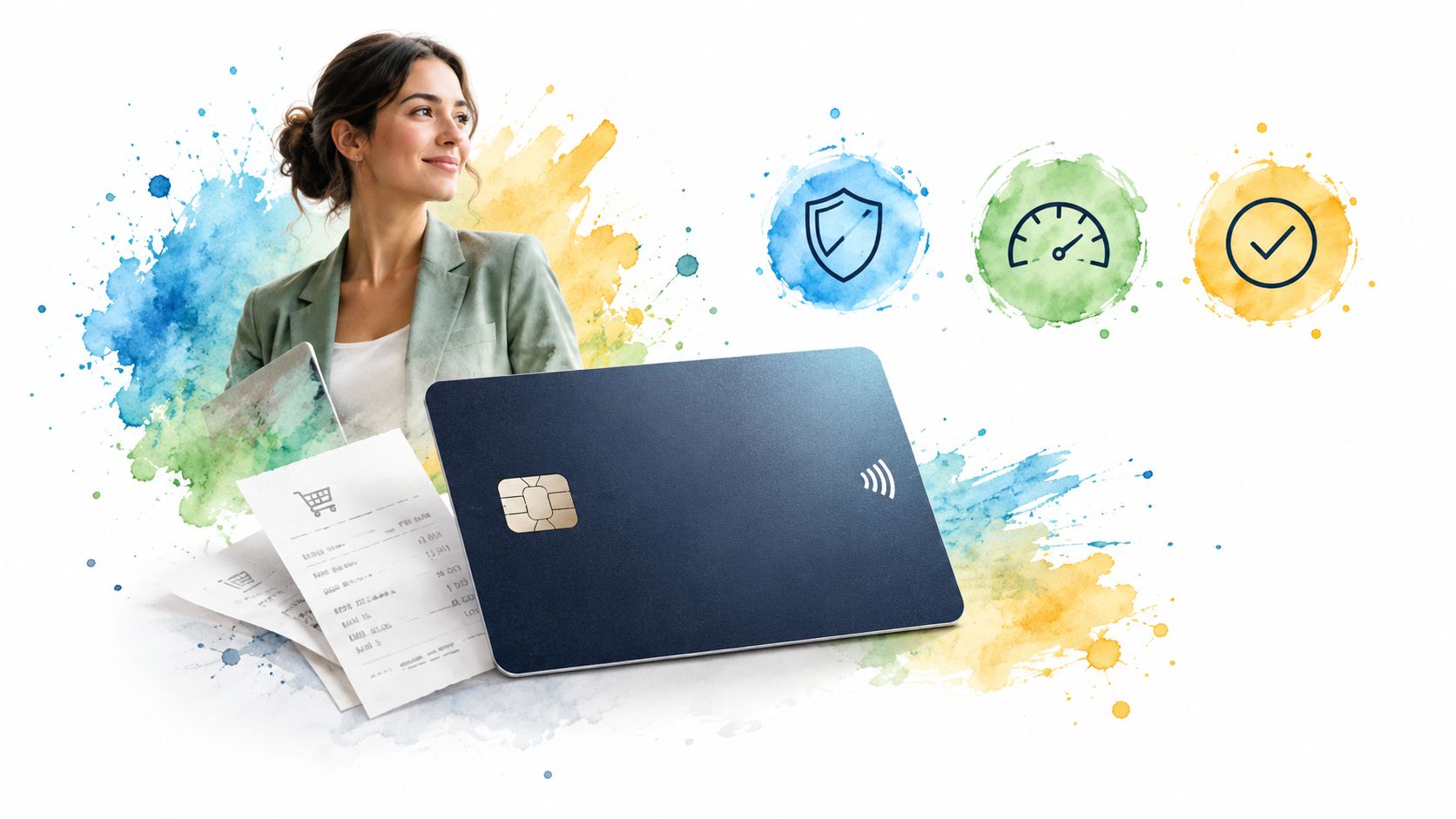 A professional woman holds a credit card and receipts against a creative abstract background with icons representing security, speed, and approval.