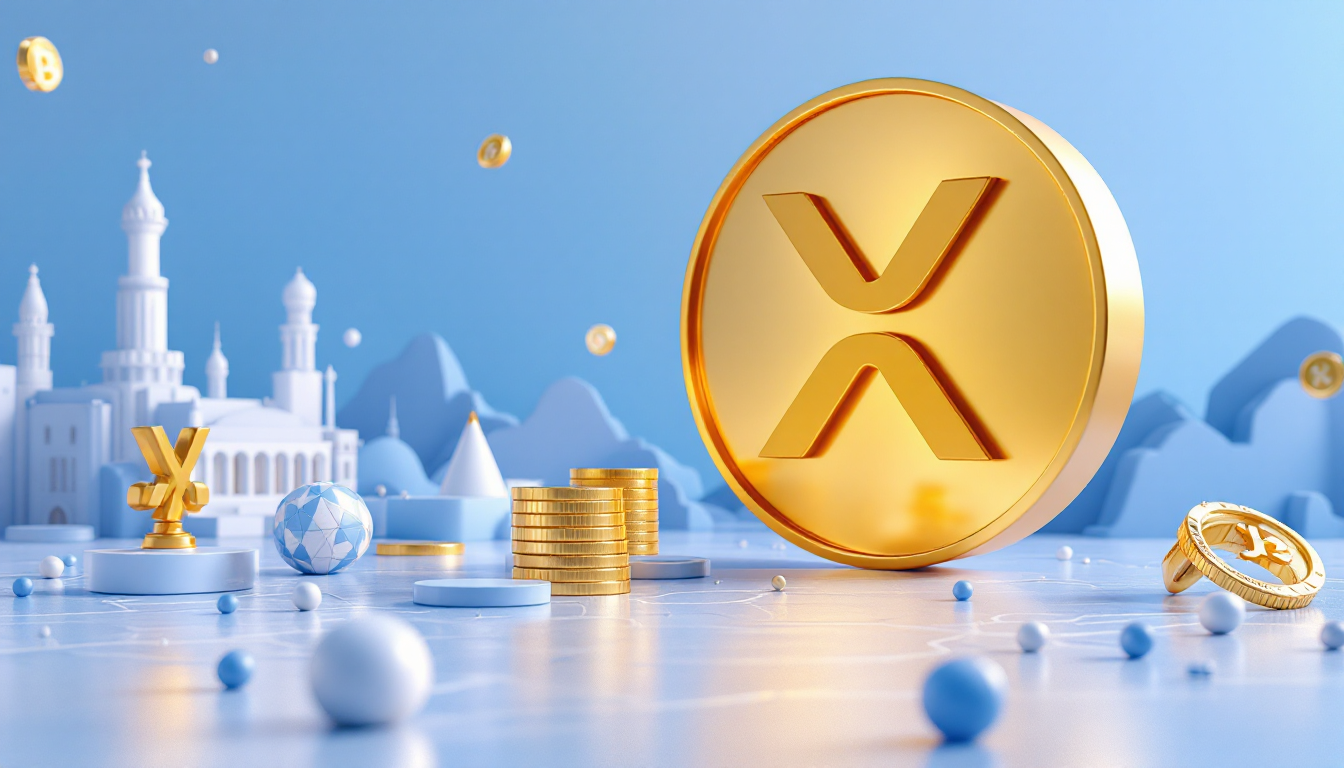 A 3D illustration of XRP's market rebound with a blue and white gradient, featuring urban elements.