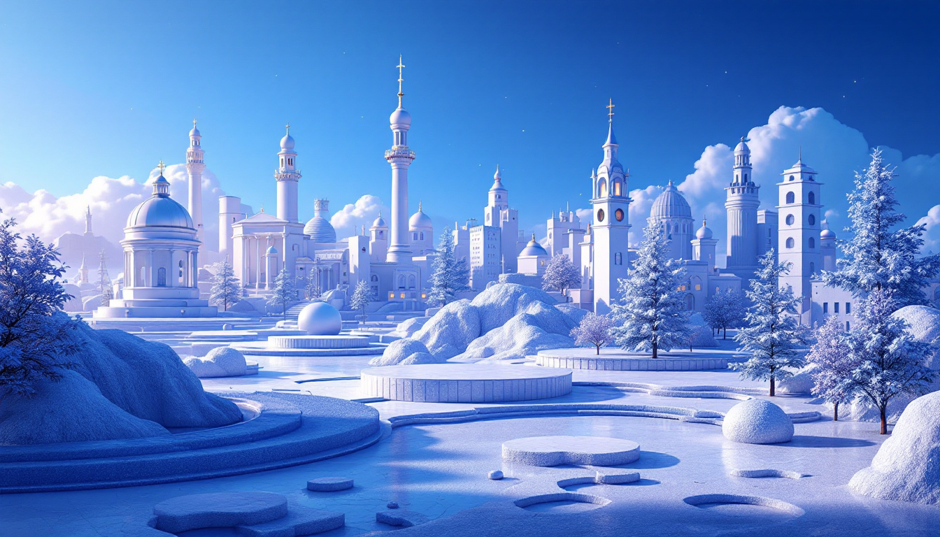 3D illustration of Bitcoin's pivotal cycle with blue to white gradient and elegant skyline backdrop.
