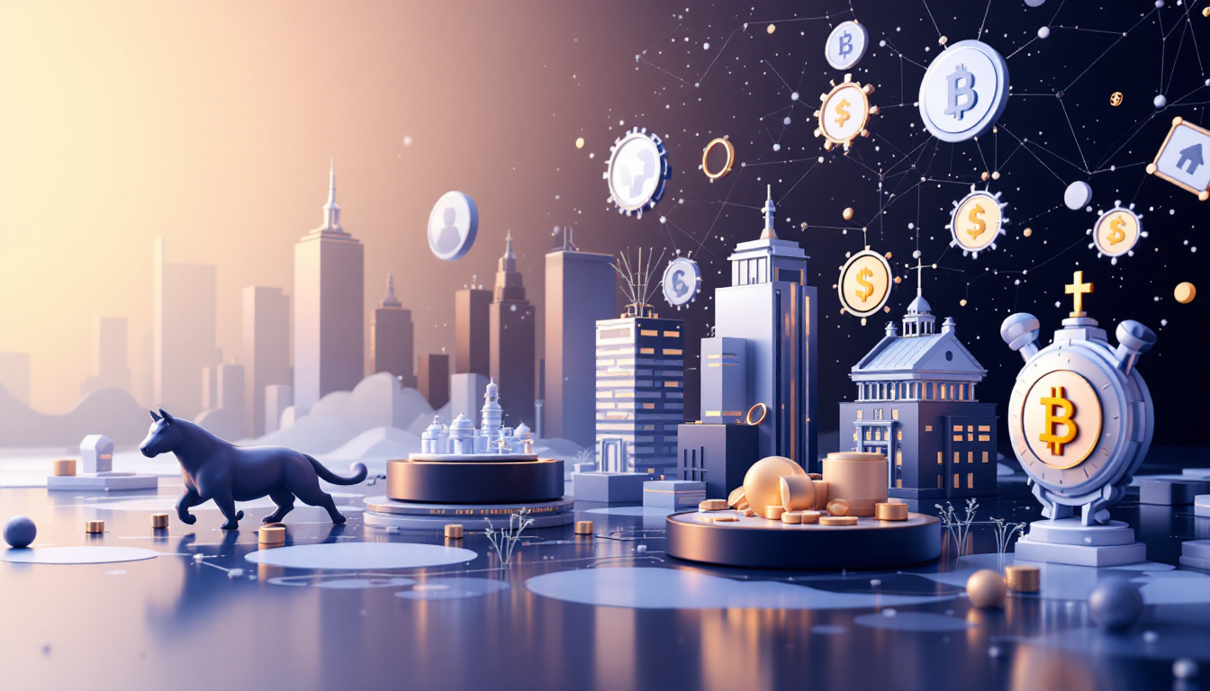 3D illustration depicting Nostra Finance's NSTR token amid price manipulation in a urban setting.