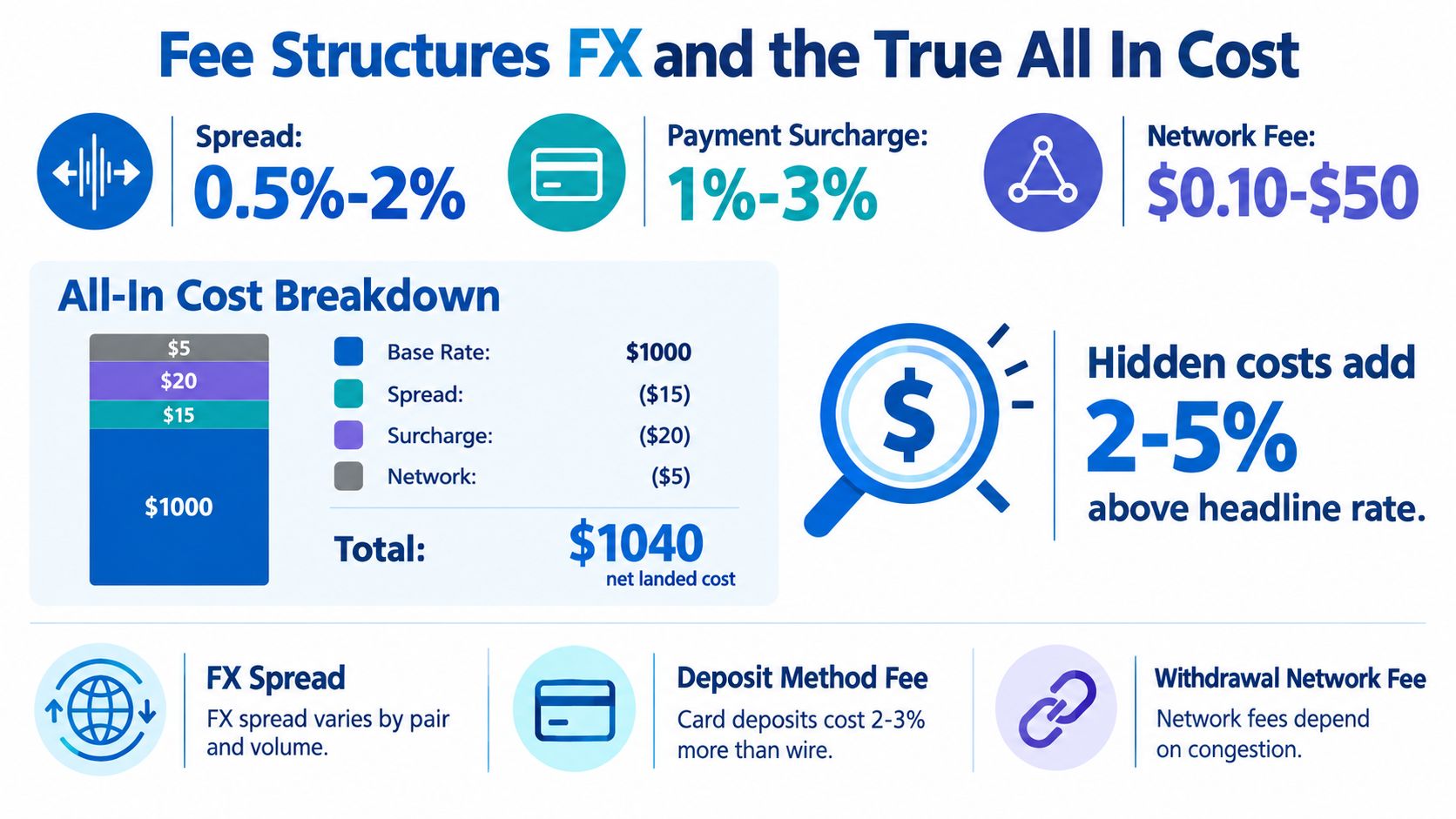 An infographic detailing fee structures for foreign exchange including spread, payment surcharges, and network fees.