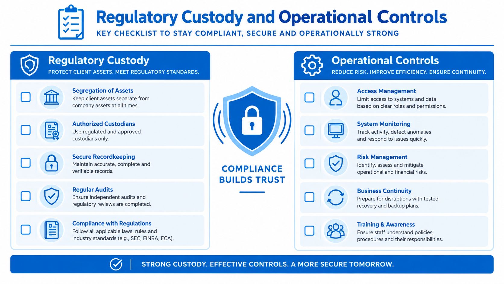 A checklist infographic detailing essential regulatory custody and operational controls for maintaining business compliance and security.