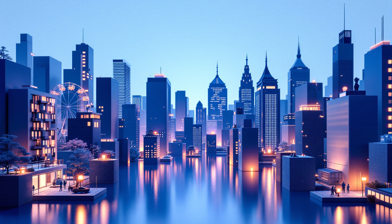 3D illustration of Apeing presale with blue to white gradient, skyline, and soft neon lighting.