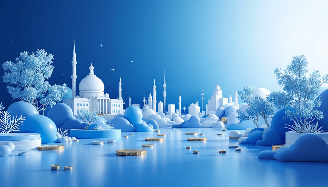 A 3D illustration of cryptocurrency market factors with a blue to white gradient background.
