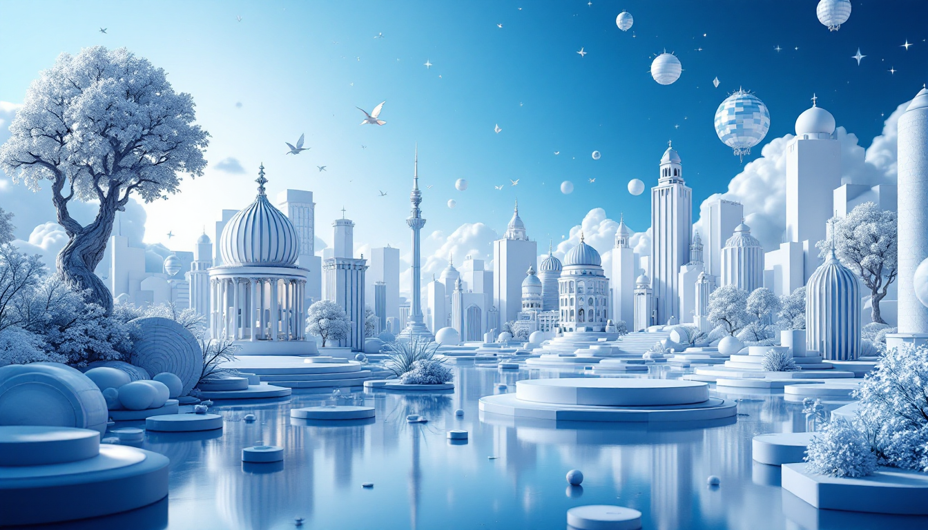 3D realistic illustration depicting Ethereum's price trends with blue and white gradient background.